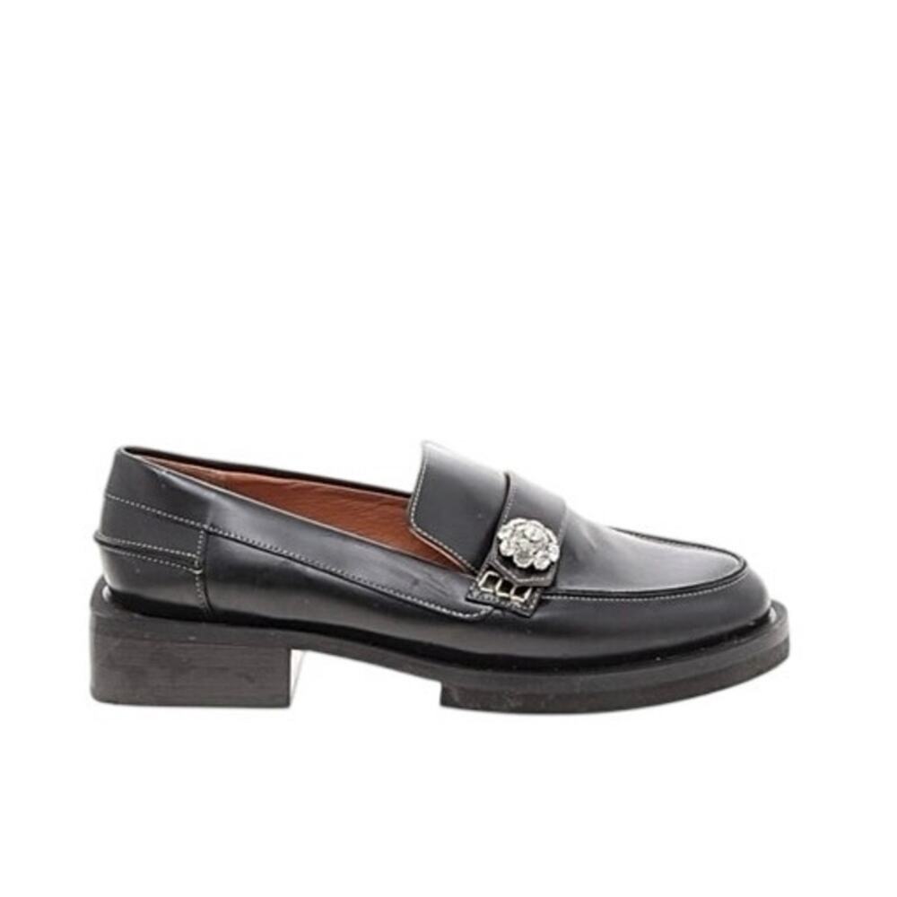 GANNI Jewel Button Black Leather Loafers EU 38